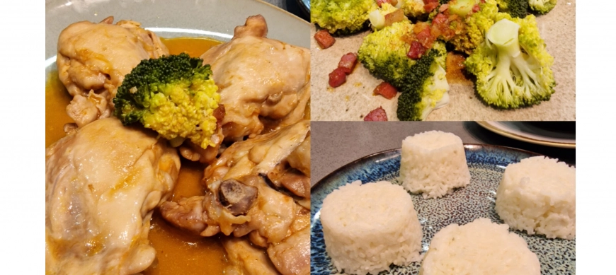 MENU : POLLO A LA CATALANA CON ARROZ Y BROCOLI CON JAMÓN