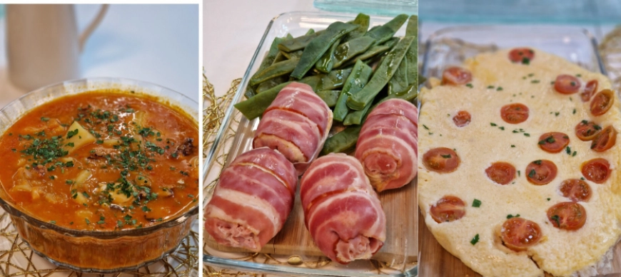 MARMITAKO DE PULPO , ROLLITOS DE POLLO Y TORTILLA FRANCESA DE QUESO Y CHERRY