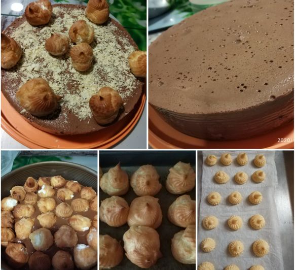 Tarta de flan de chocolate con profiteroles